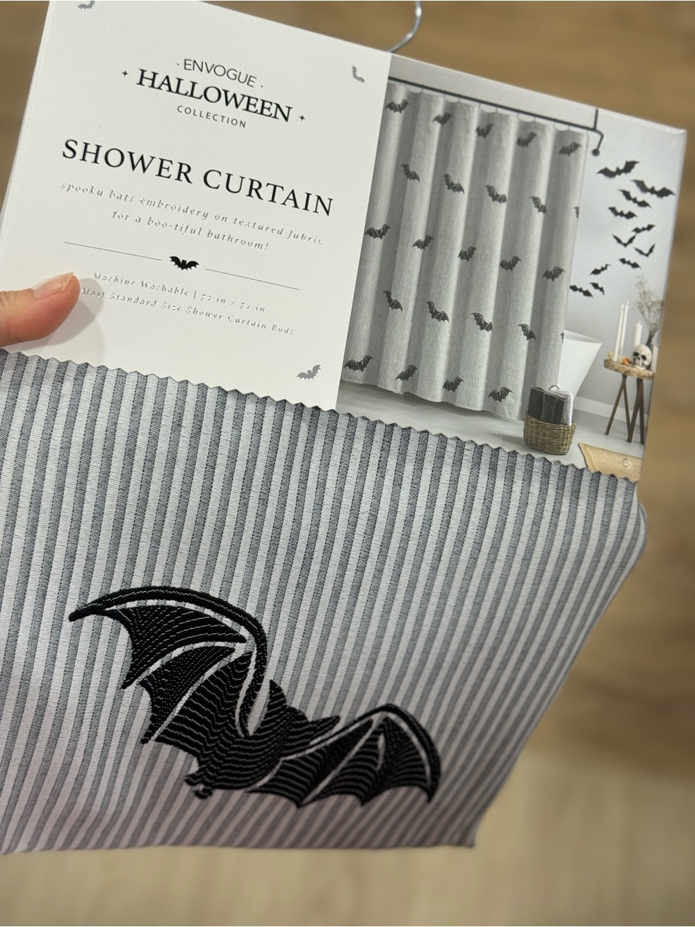 Envogue Gray Striped Halloween Bat Shower Curtain
